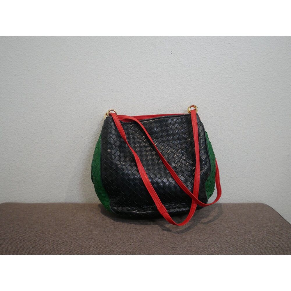 Vintage SISO Made in Italy Woven Leather Shoulder Bag Black Green Red